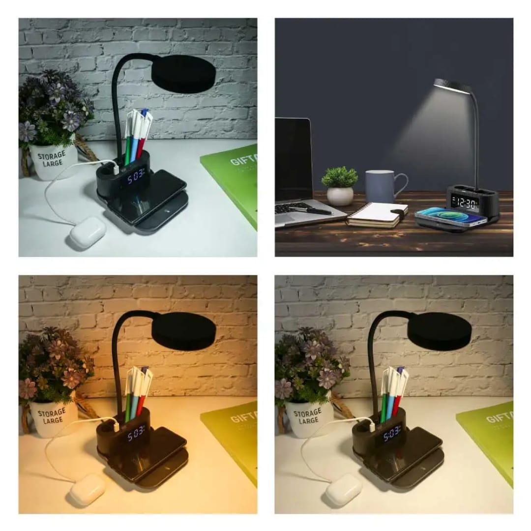 Wireless Charger Desk Lamp with Clock & Pen Holder