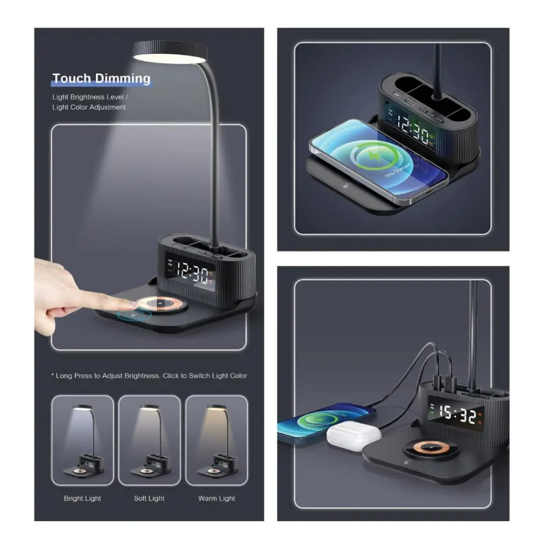 Wireless Charger Desk Lamp with Clock & Pen Holder