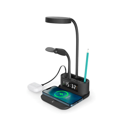 Wireless Charger Desk Lamp with Clock & Pen Holder